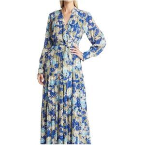 Btfl-Life Blue Anniki Floral Faux Wrap Long Sleeve Cottage Maxi Dress Size Large